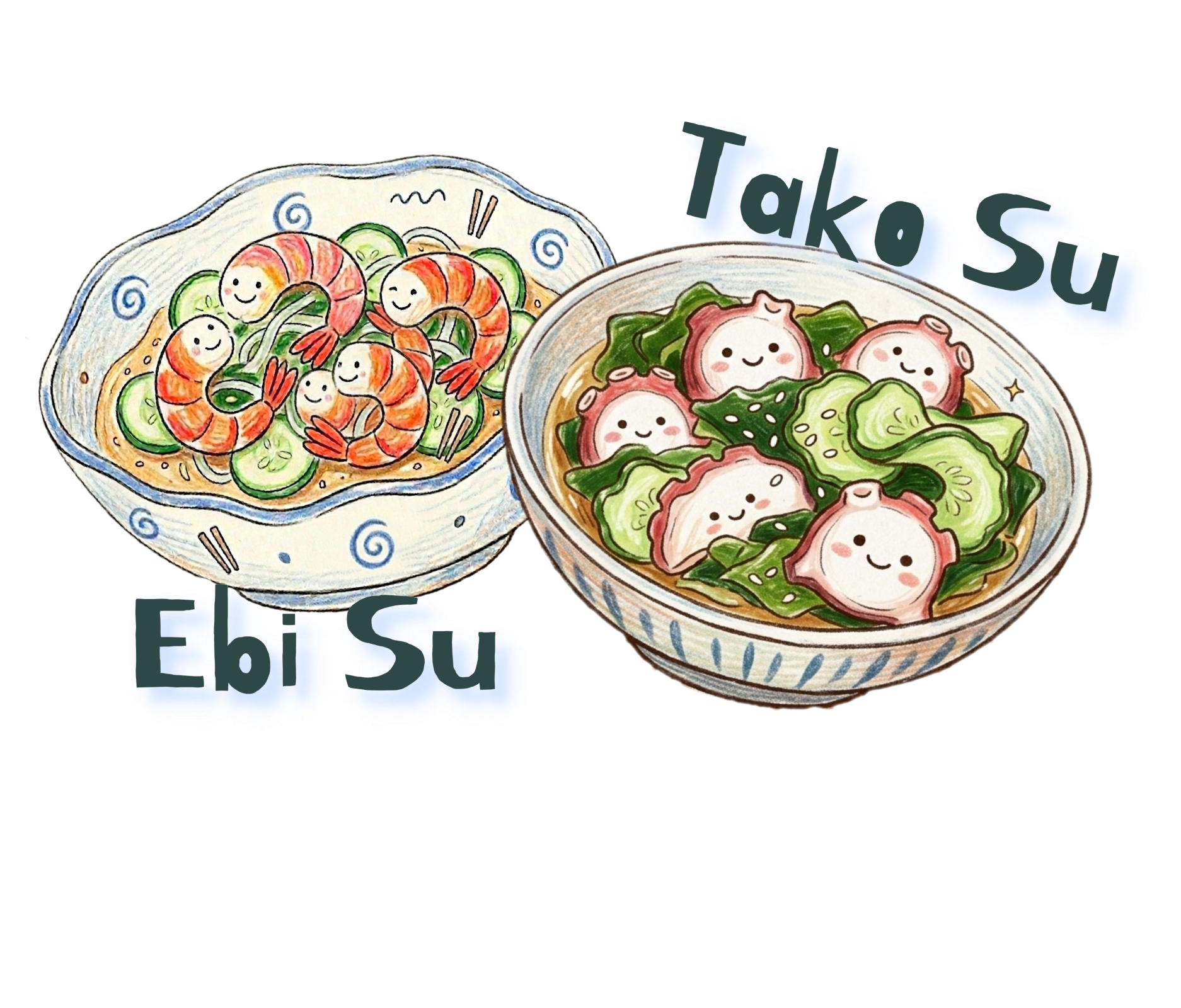 Ebi su and Tako Su. You can select cooked shrimp or octopus over the cucumber and seaweed salad with vinegar sauce. $13 for ebi su, $14 for tako